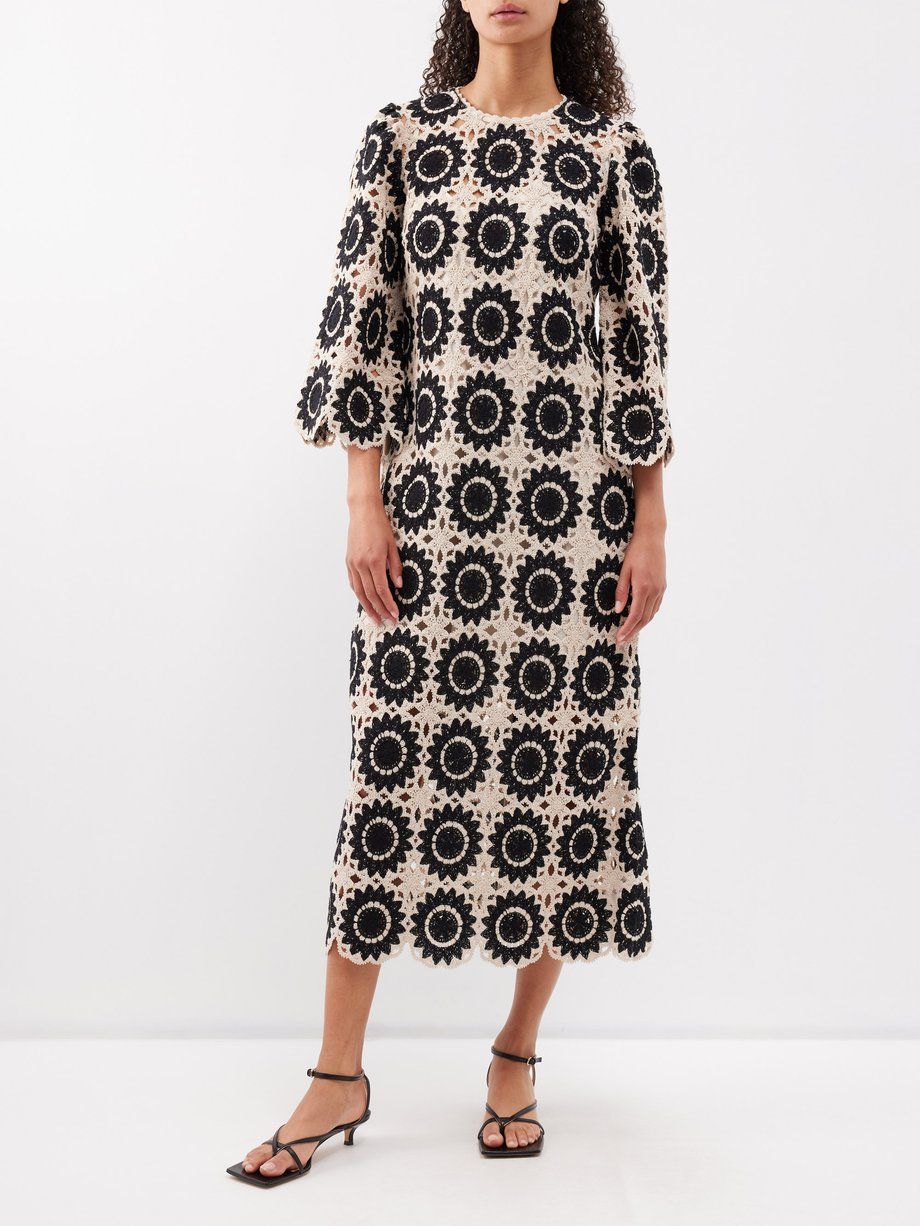 Wide-sleeve crocheted cotton-blend dress