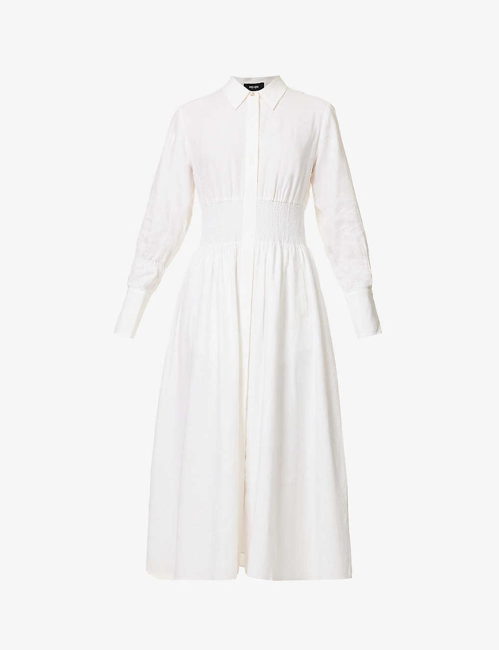 Smocked-waist flared-skirt linen-blend maxi shirt dress