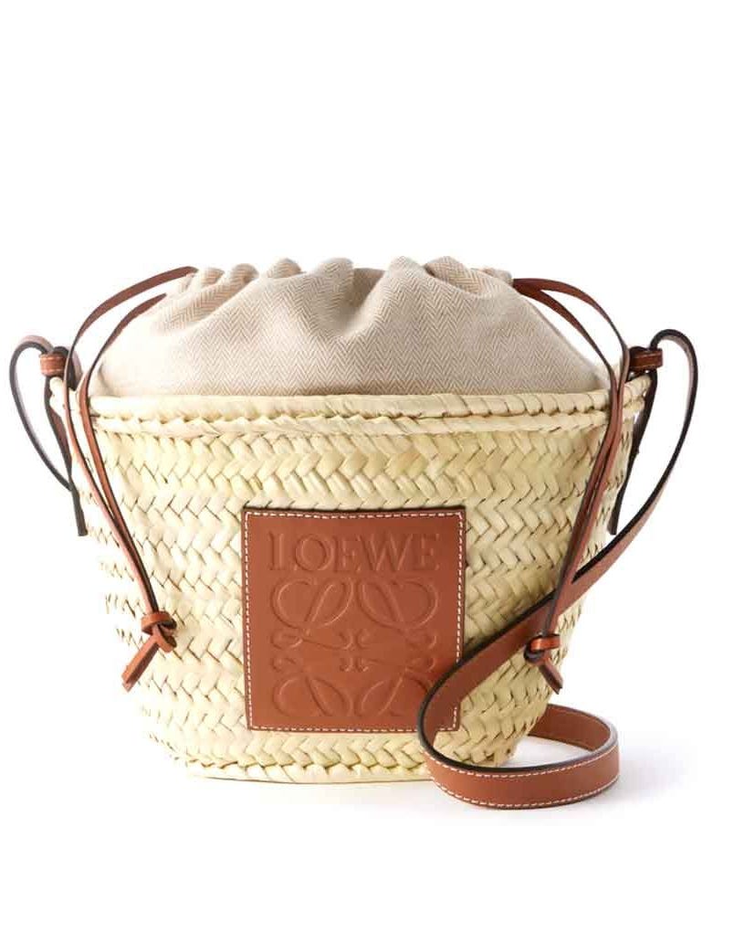 Paula's Ibiza Leather-Trimmed Raffia Bucket Bag