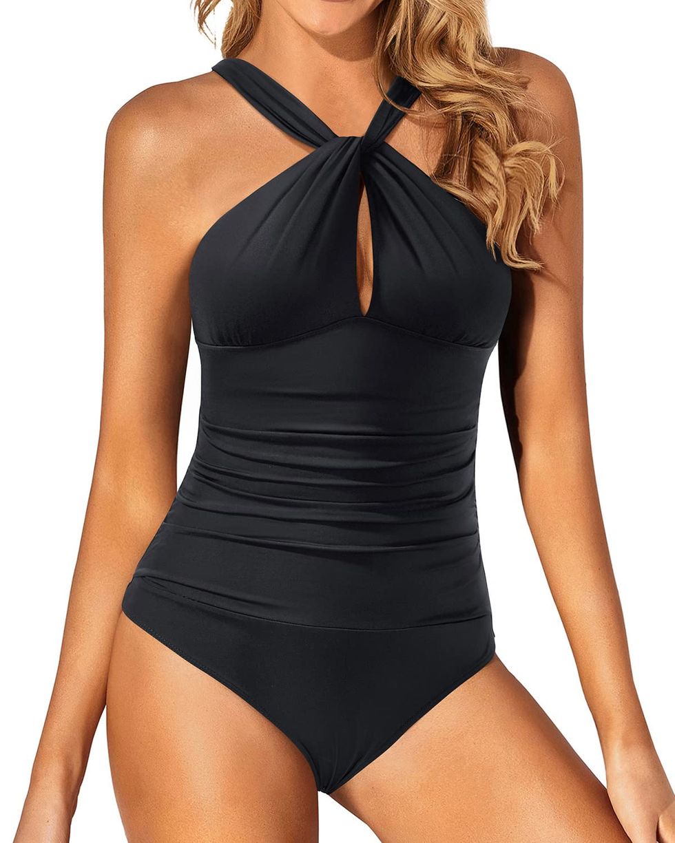 B2prity Women's Slimming One Piece Swimsuits Tummy Control Bathing Suit  Halter Swimwear for Big Busted Curvy Woman A-Black at  Women's  Clothing store