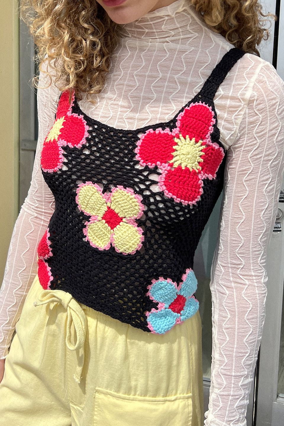 Buy Lucky Brand women square neck short sleeves crochet top bright