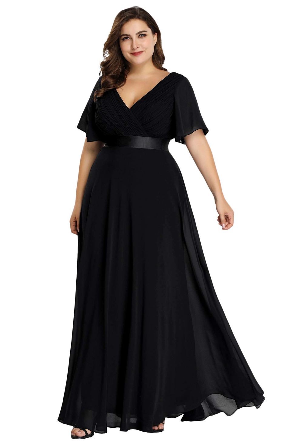 Elegant Solid Off the Shoulder Fit and Flare Short Sleeve Black Plus Size  Dresses (Women's) 