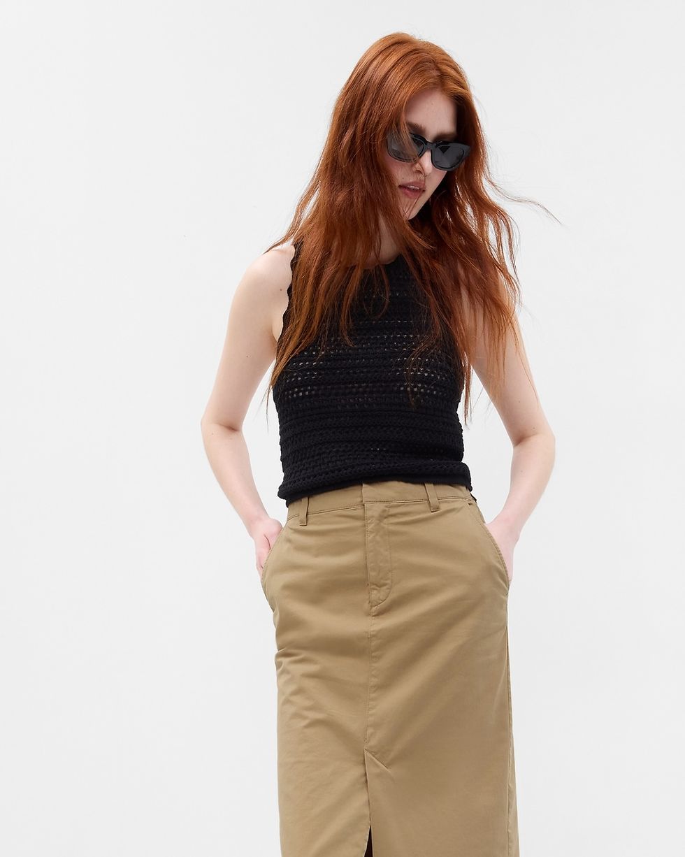 High Rise Pencil Khaki Midi Skirt with Washwell