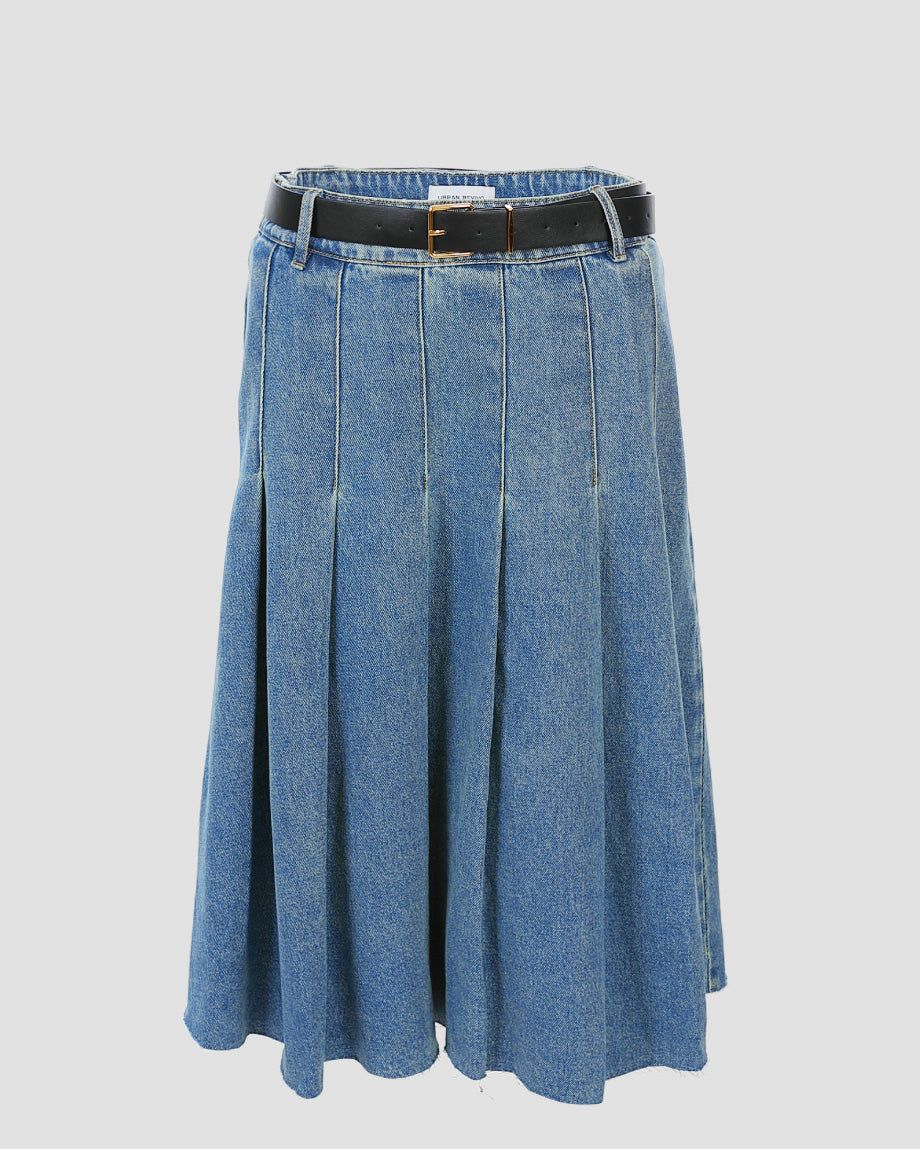 Pleated Denim Skirt With Belt