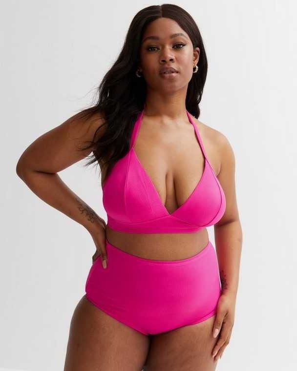 Curves Pink Ribbed Long Triangle Bikini Top