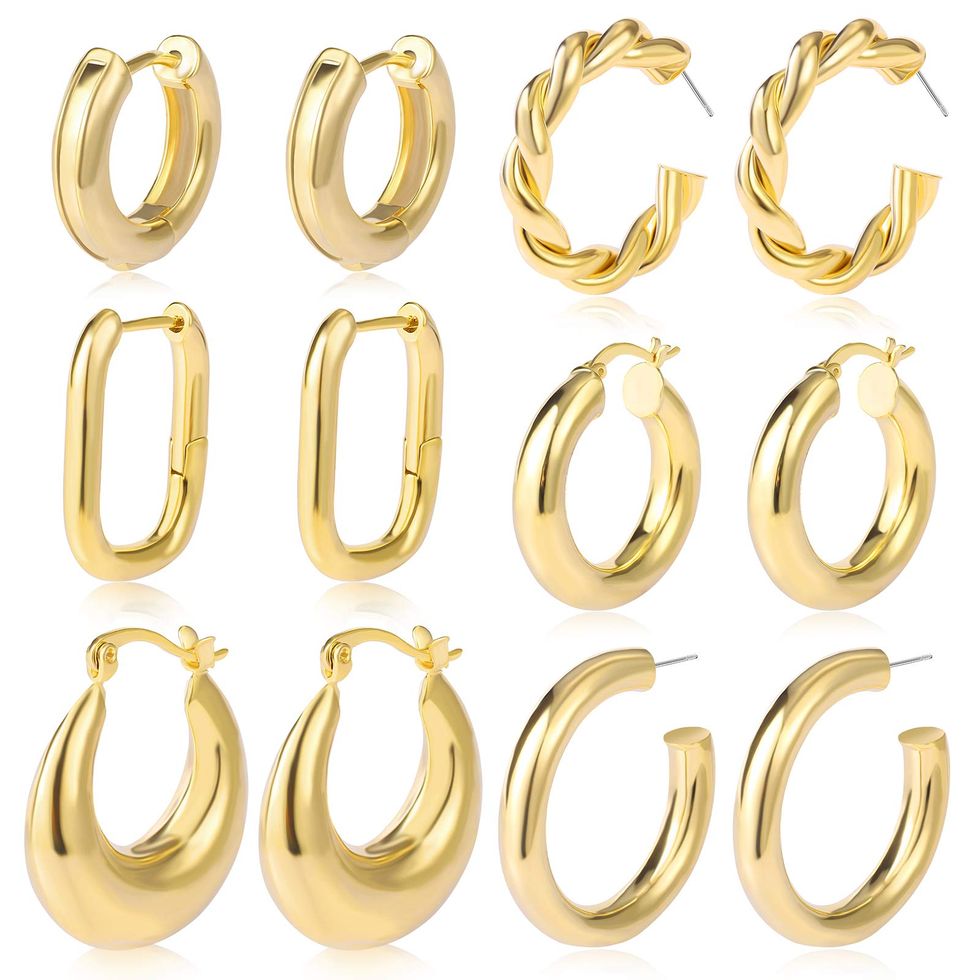 6 Pairs Chunky Gold Hoop Earrings Set