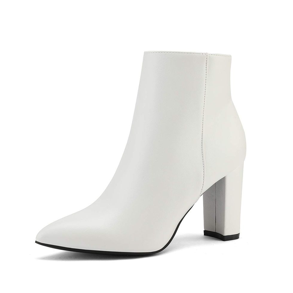 White Chunky Heel Ankle Booties 