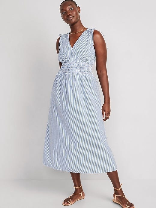 Fit & Flare Sleeveless Striped Tie-Shoulder Smocked Maxi Dress for Women Fit & Flare Sleeveless Striped Tie-Shoulder Smocked Maxi Dress for Women