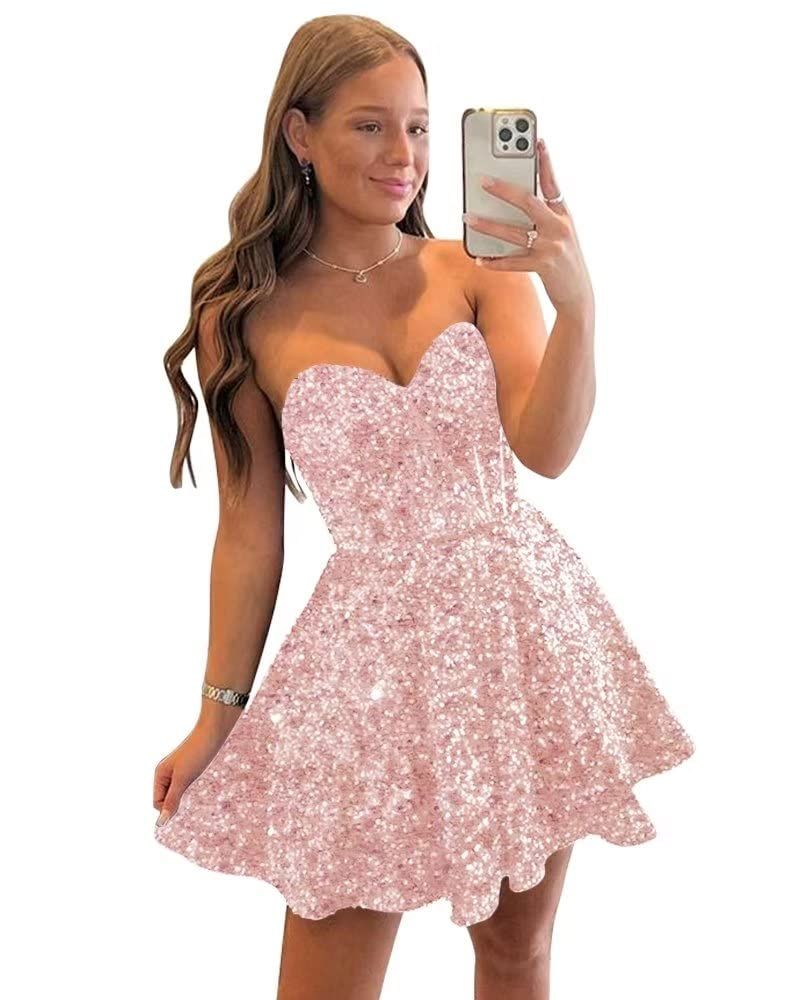 Hailey Strapless Sequin Bodycon Mini Dress in Pink | Size Small | Polyester/Spandex | American Threads