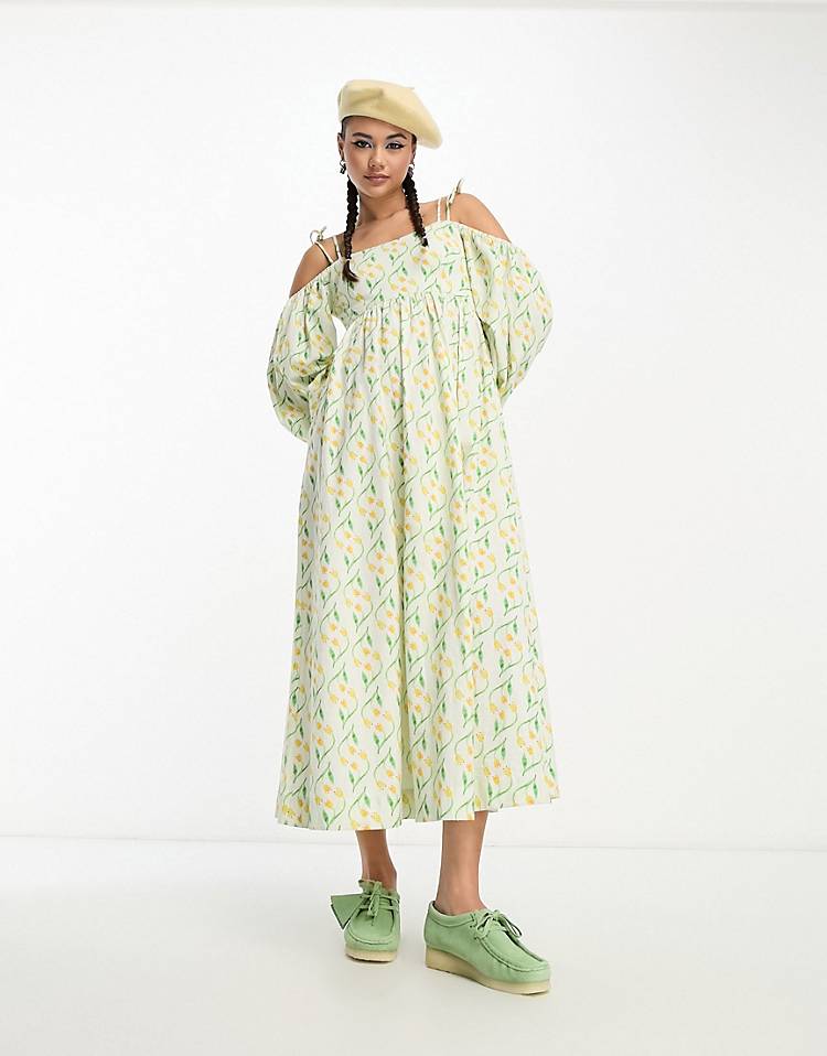 Tulip Floral Off-Shoulder Bardot Midi Dress