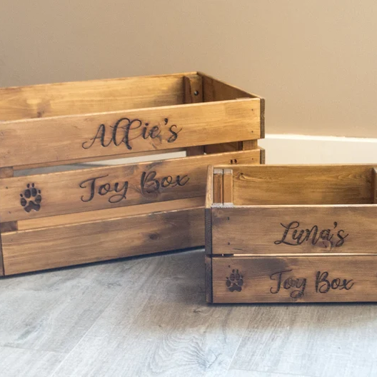 Personalised Dog Puppy Wooden Toy Box, Crate for Treats and