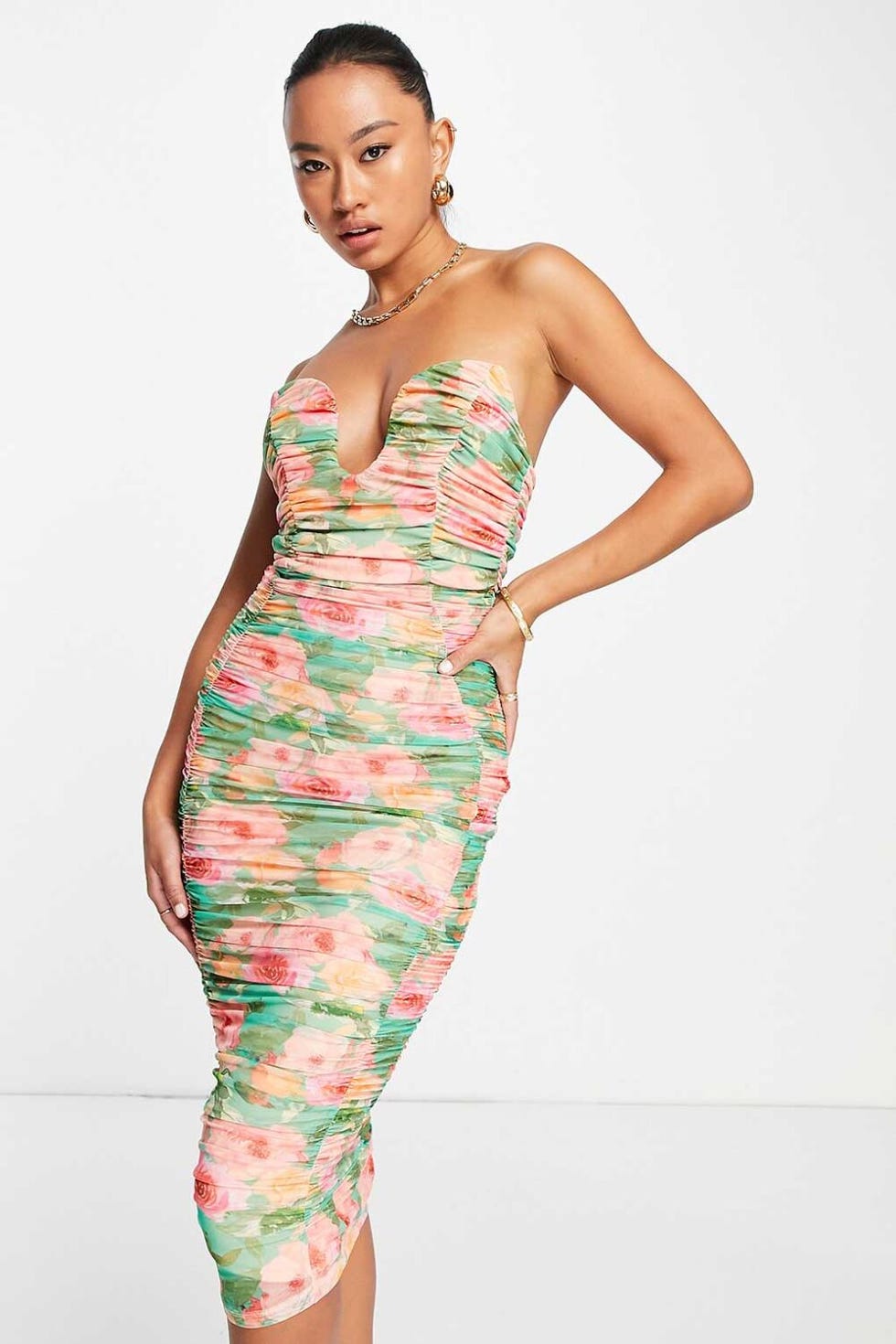 Bandeau Ruched Midi Dress Bermotif Bunga Bandeau Ruched Midi Dress Bermotif Bunga