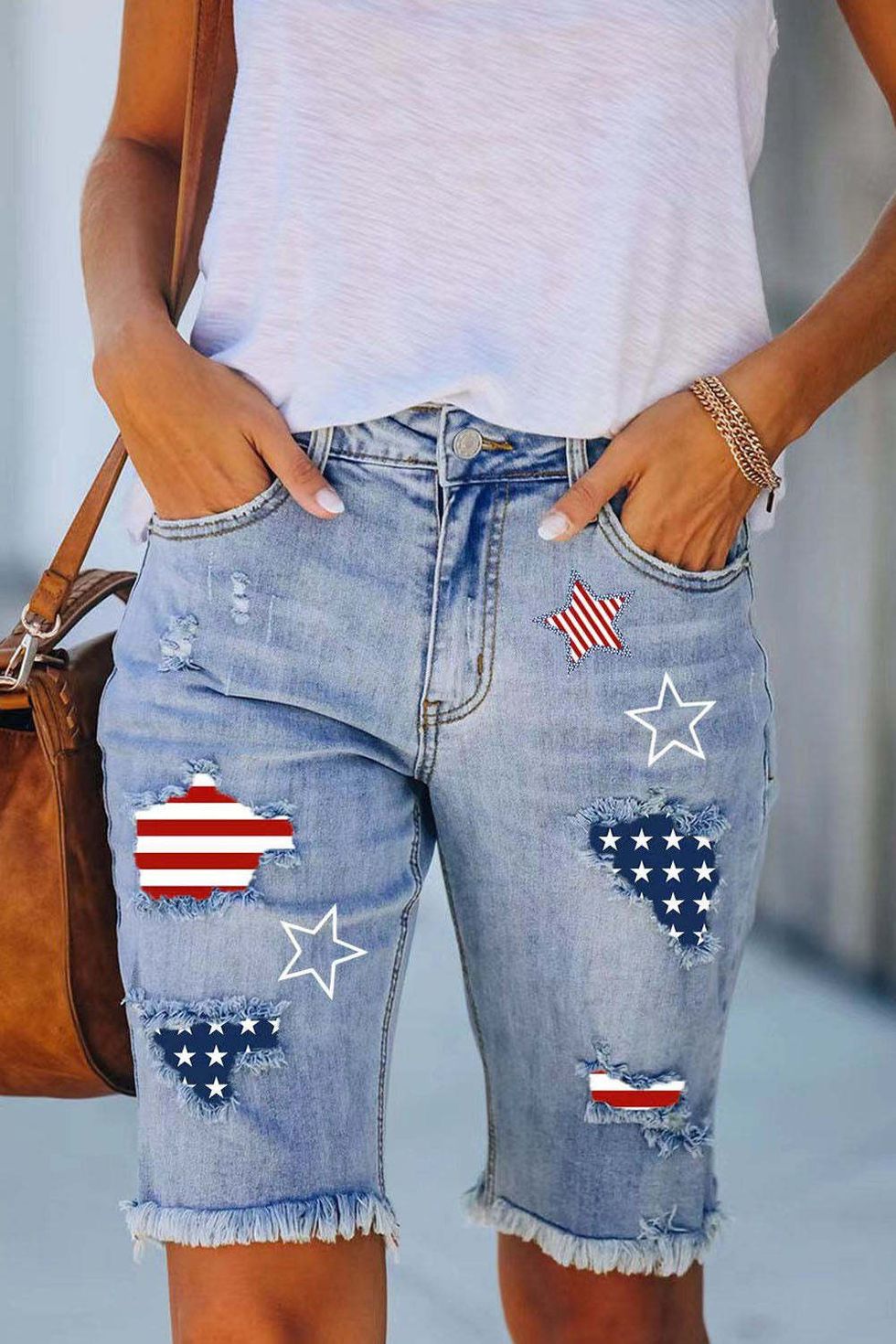 Patriotic American Flag Ripped Bermuda Shorts