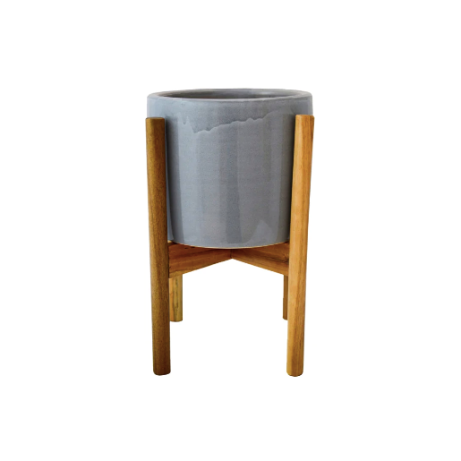 Anzio Warm Grey Planter with Wooden Stand Anzio Warm Grey Planter with Wooden Stand