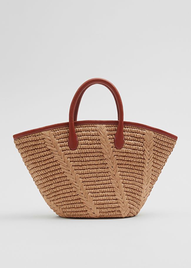 Leather-Trimmed Straw Tote