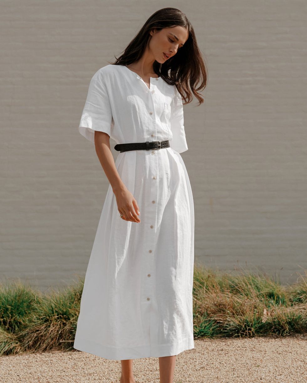 Italian Summer Beige Linen Button-Up Short Sleeve Midi Dress