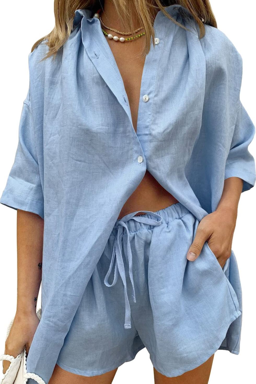 Linen 2 Piece Sets for Women Pants Sets Short Sleeve Beach Lounge