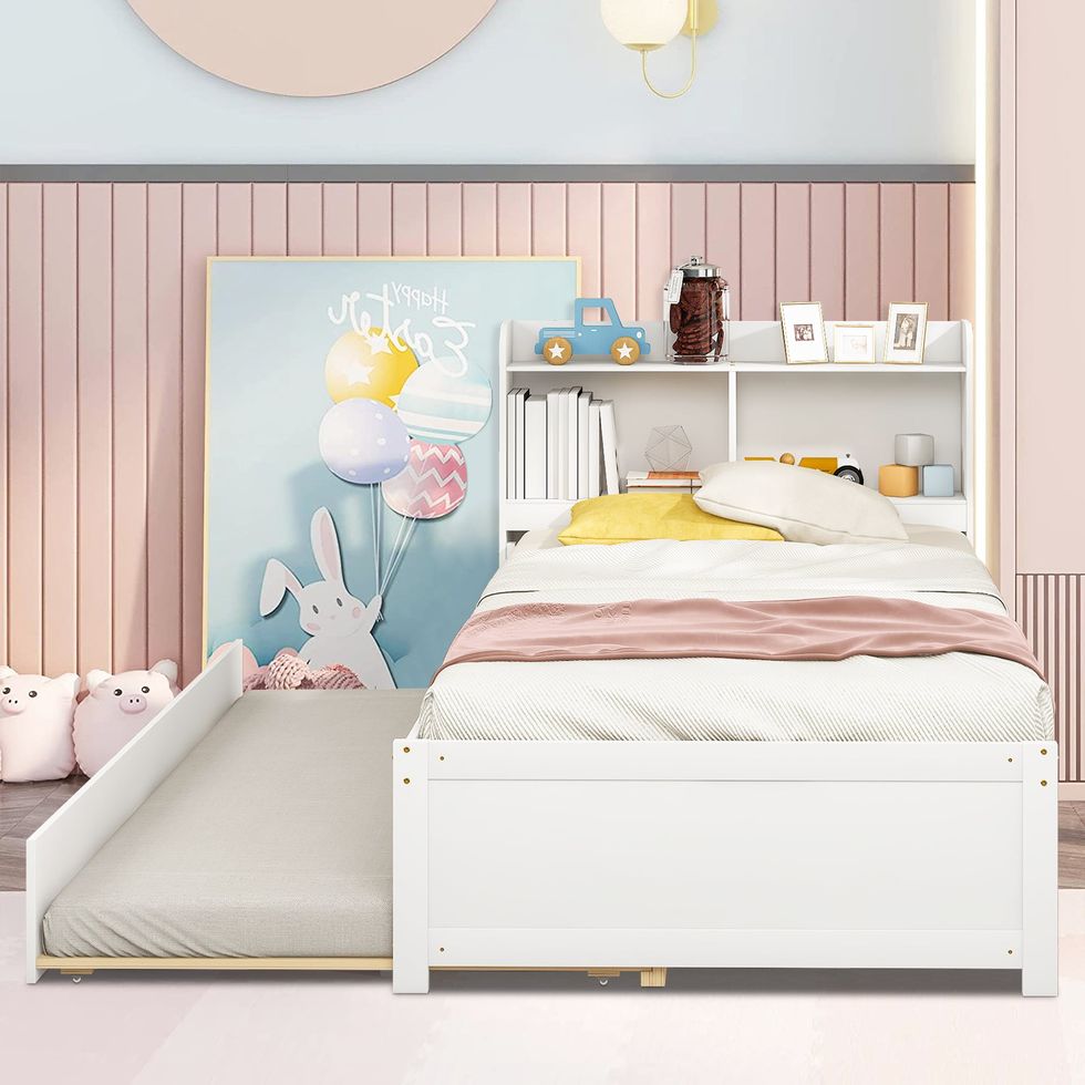 White Twin Bed Frame with Trundle and Storage Bookcase 