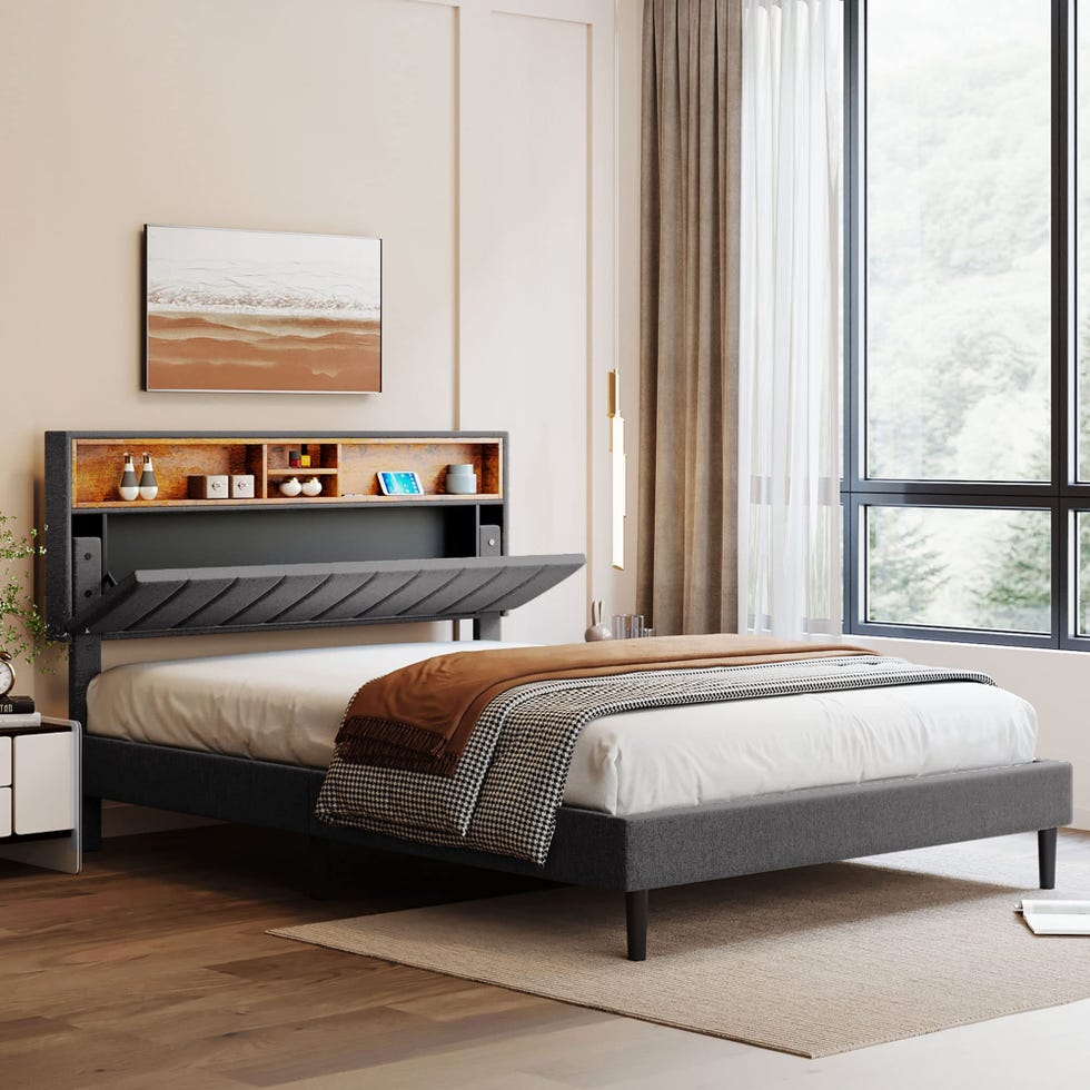 Upholstered Platform Bed with Storage Headboard