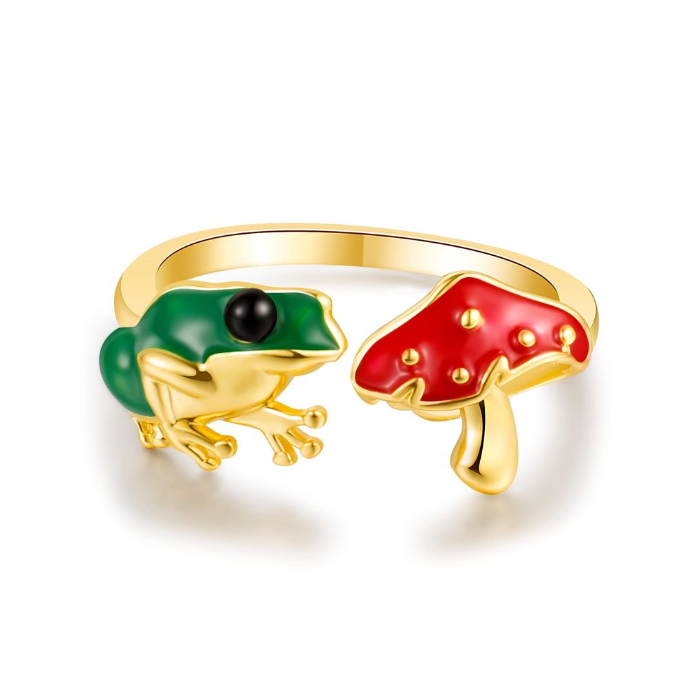 Green frog red mushroom open ring