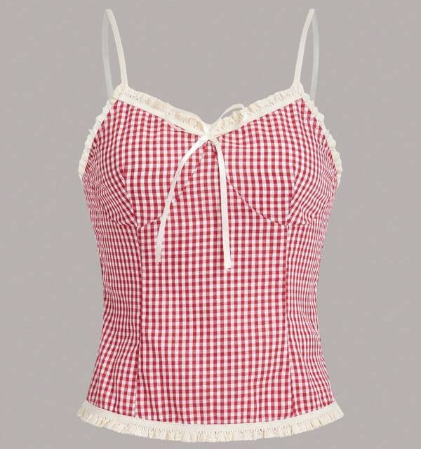 Kawaii Gingham Print Frill Trim Cami Top Kawaii Gingham Print Frill Trim Cami Top