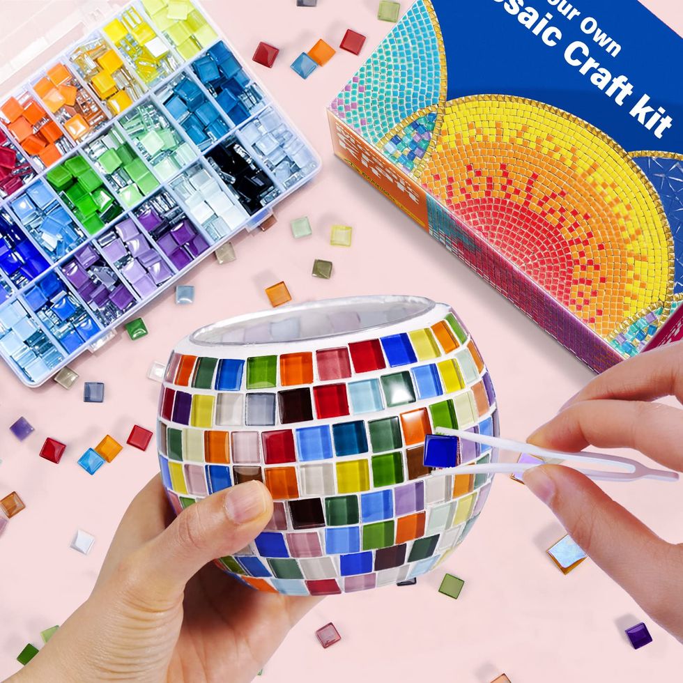 DIY Glass Mosaic Tiles for Crafts,Mixed Color Mosaic Kits with Wooden