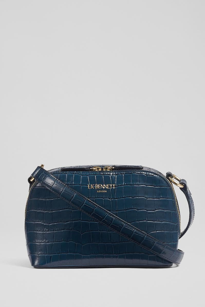 River Island quilted denim double cross body bag in navy