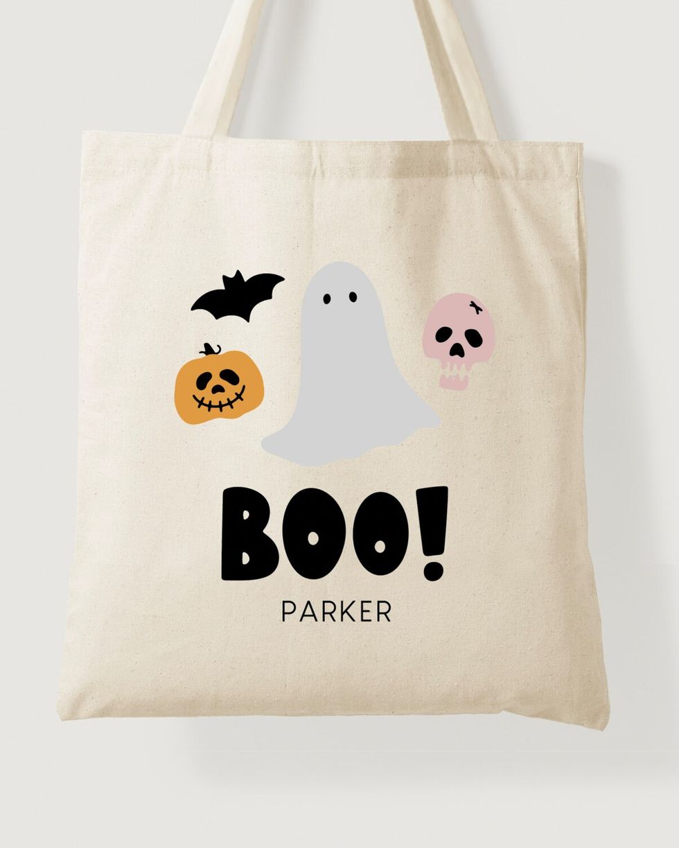 Bag of Treats, Custom Halloween Kids, Personalized Canvas Tote Bag