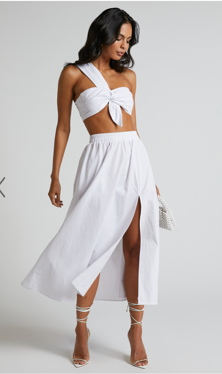 Sula Two Piece Set - One Shoulder Bralette Crop Top and Midi Skirt in White