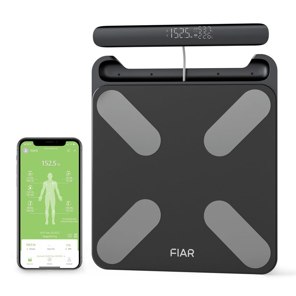 FIAR Bascula Grasa Corporal y Muscular - Bascula de Baño Digital Inteligente Bluetooth con 8 Electrodos, 24 Indicadores, Informe de Aplicación, Hasta 180 kg, Mango con Pantalla LED