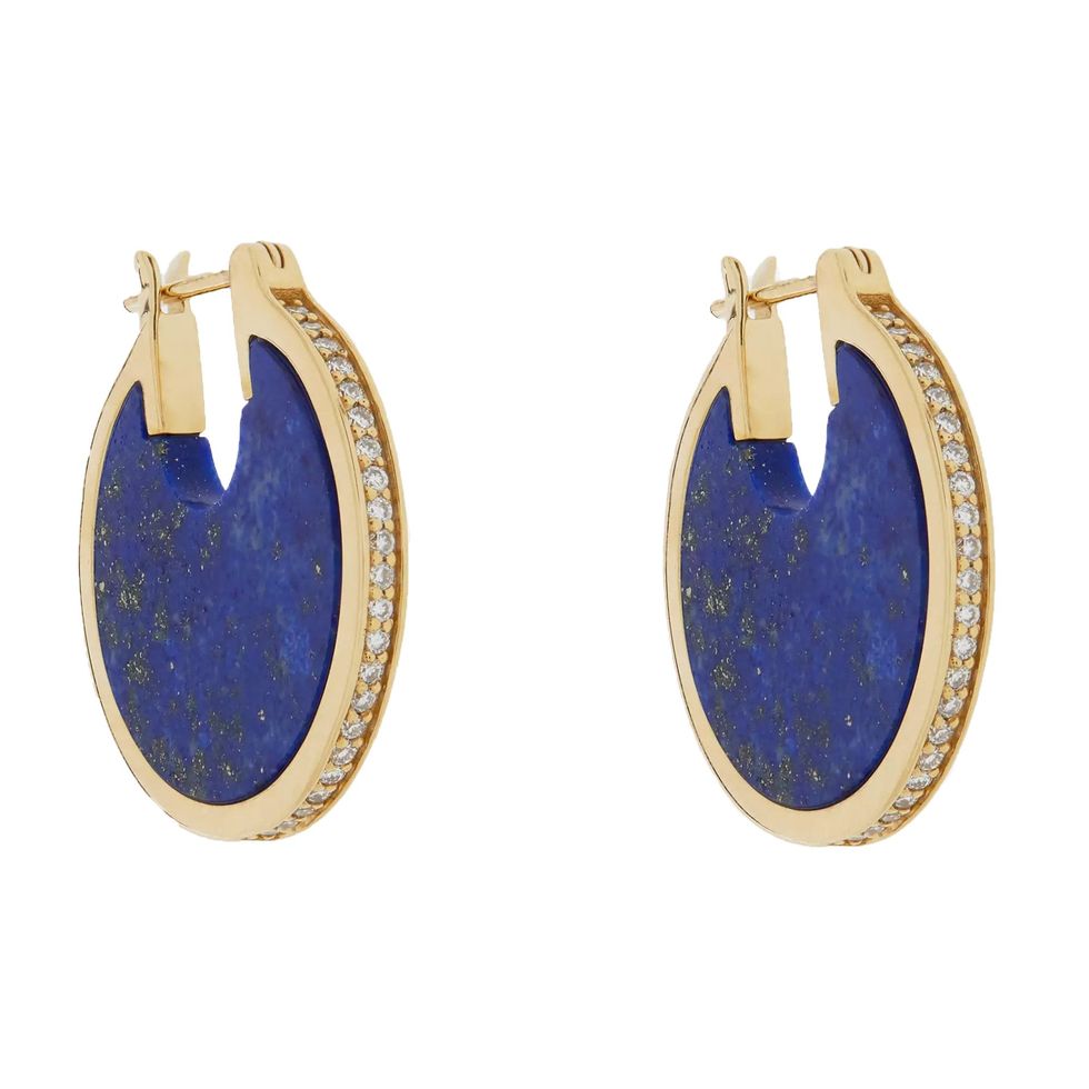 14ct Gold Lenticular Lapis Lazuli and Diamond earrings
