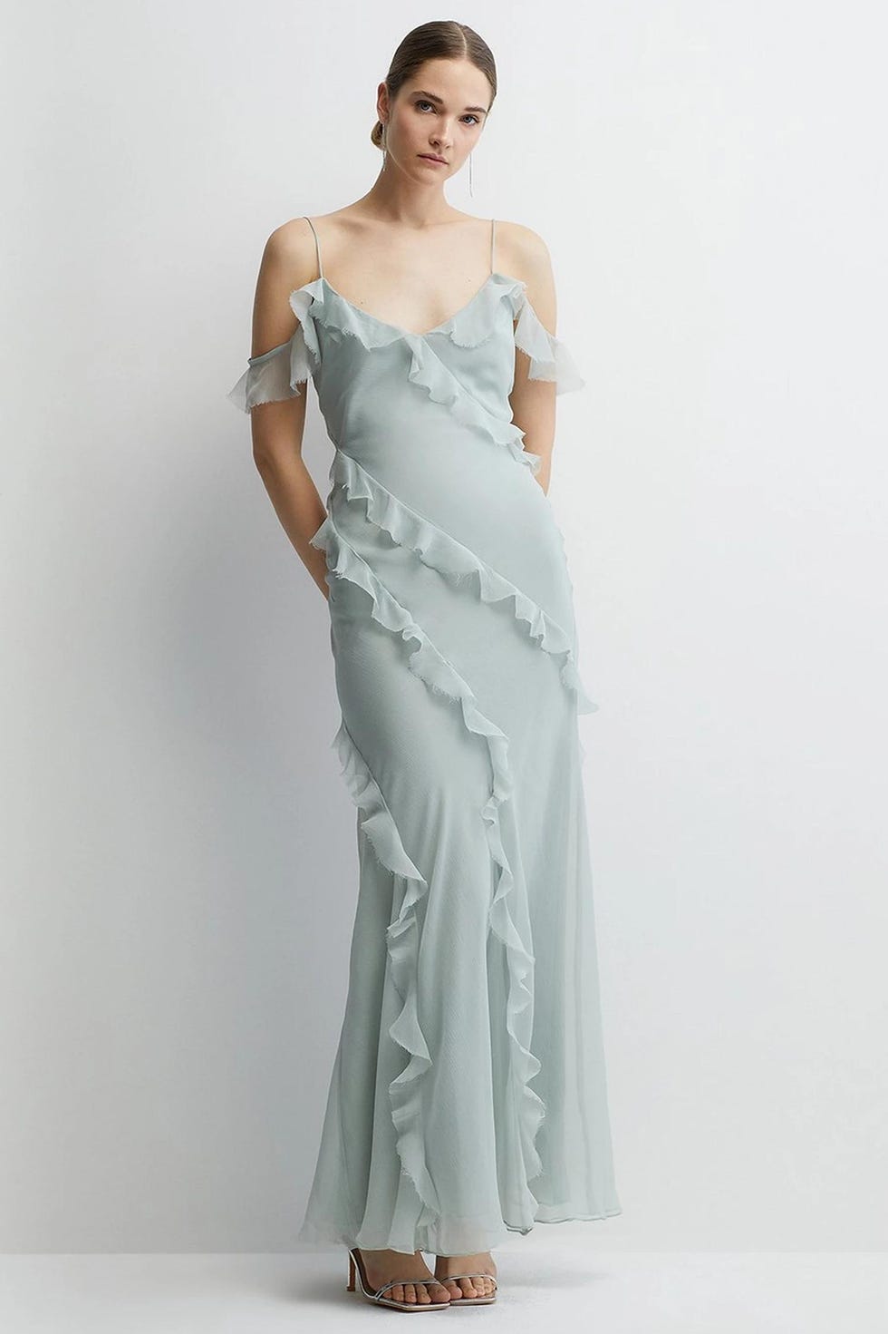 Soft Ruffle Chiffon Cold Shoulder Bridesmaids Dress