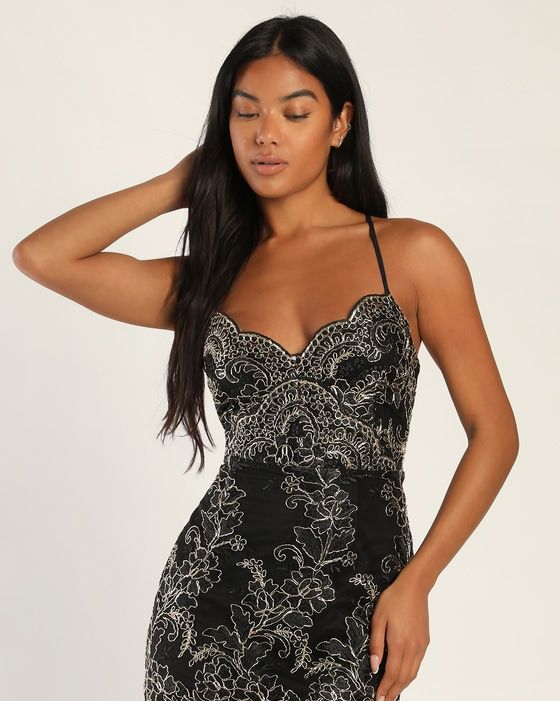 Effortless Adornment Black and Gold Floral Lace-Up Mini Dress