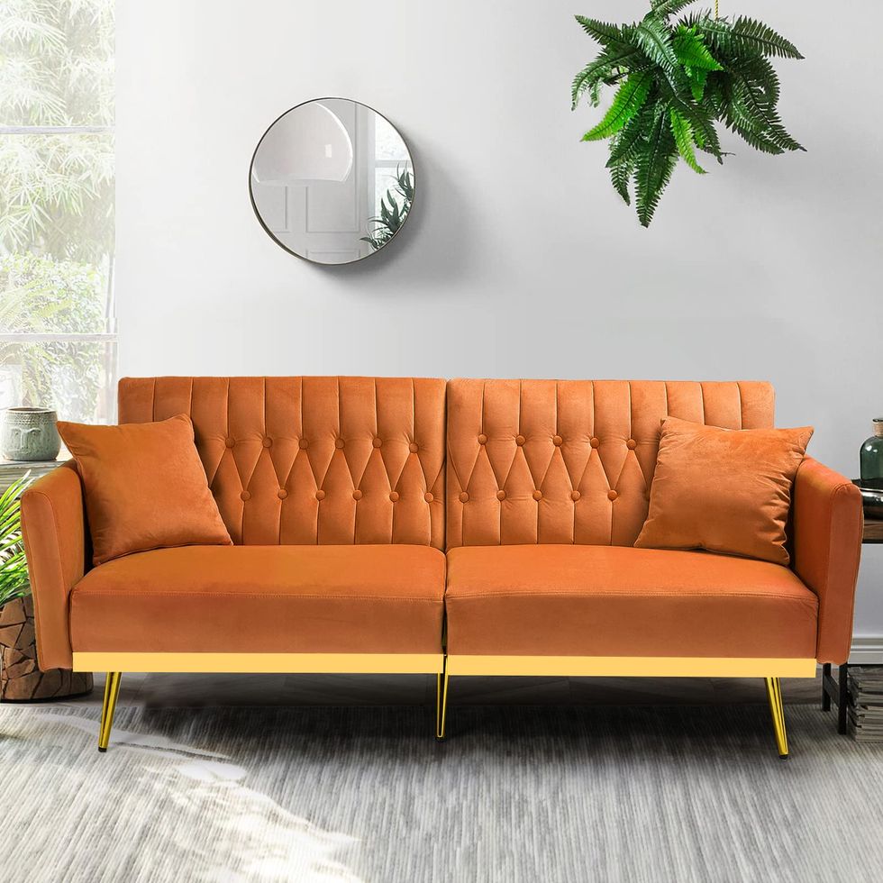 Velvet Futon Sofa Bed with Adjustable Armrests 
