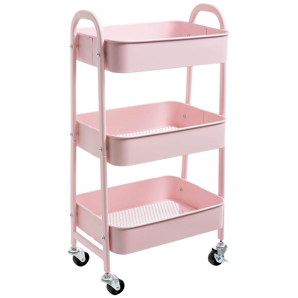 Storage Cart 3 Tier Metal Utility Cart Rolling Trolley Organizer Cart with Wheels for Kitchen Makeup Bathroom Office,Light Pink