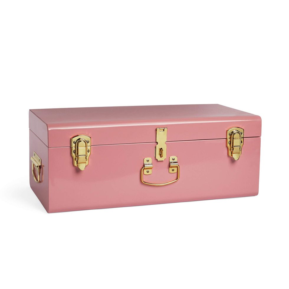 Pink Metal Storage Trunk with Gold Hardware - Stackable Vintage Suitcase Style for Bedroom, Living Room, Dressing Room, Hallway – Lockable