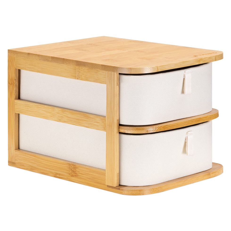 Makeup Storage Drawers - Bamboo Organiser and Cream Coloured Fabric Trays - 2-Tier Unit for Bathroom, Dressing Table - L 23 x W 17.5 x H 15 cm