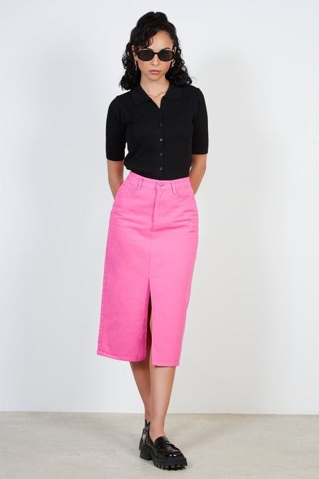 Rok celah tinggi denim merah muda cerah Rok celah tinggi denim merah muda cerah