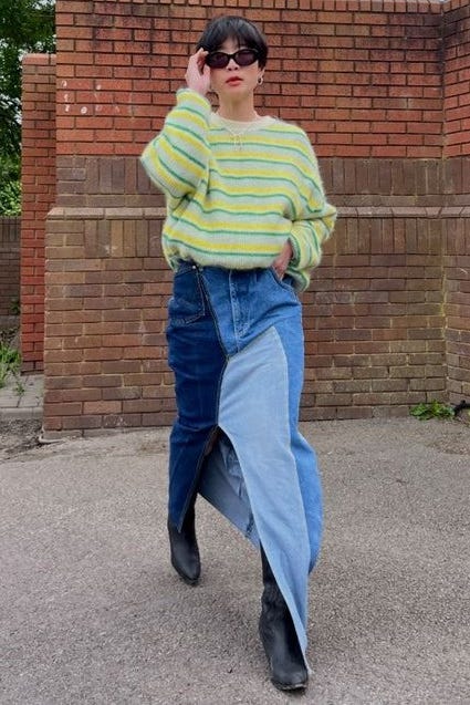 Rok Panjang Denim Perca Berpinggang Tinggi dengan Celah Rok Panjang Denim Perca Berpinggang Tinggi dengan Celah