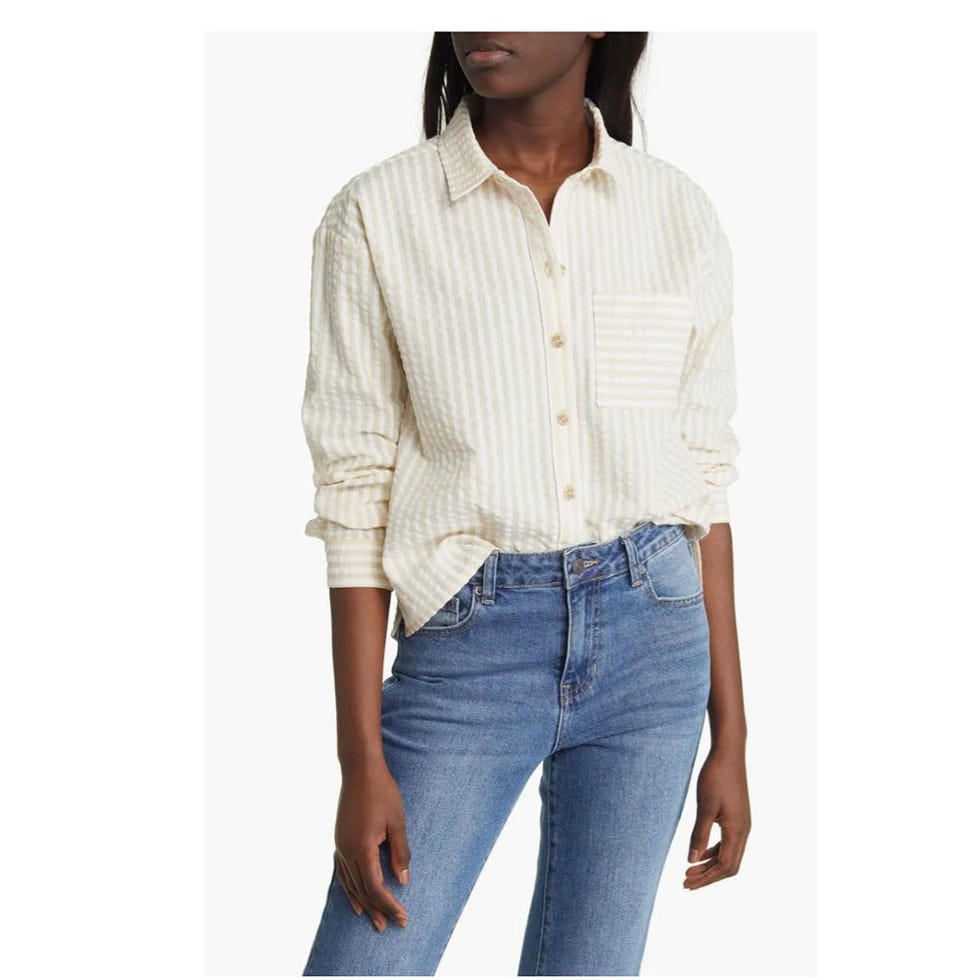 Stripe Cotton Blend Seersucker Shirt in Ivory Pinstripe