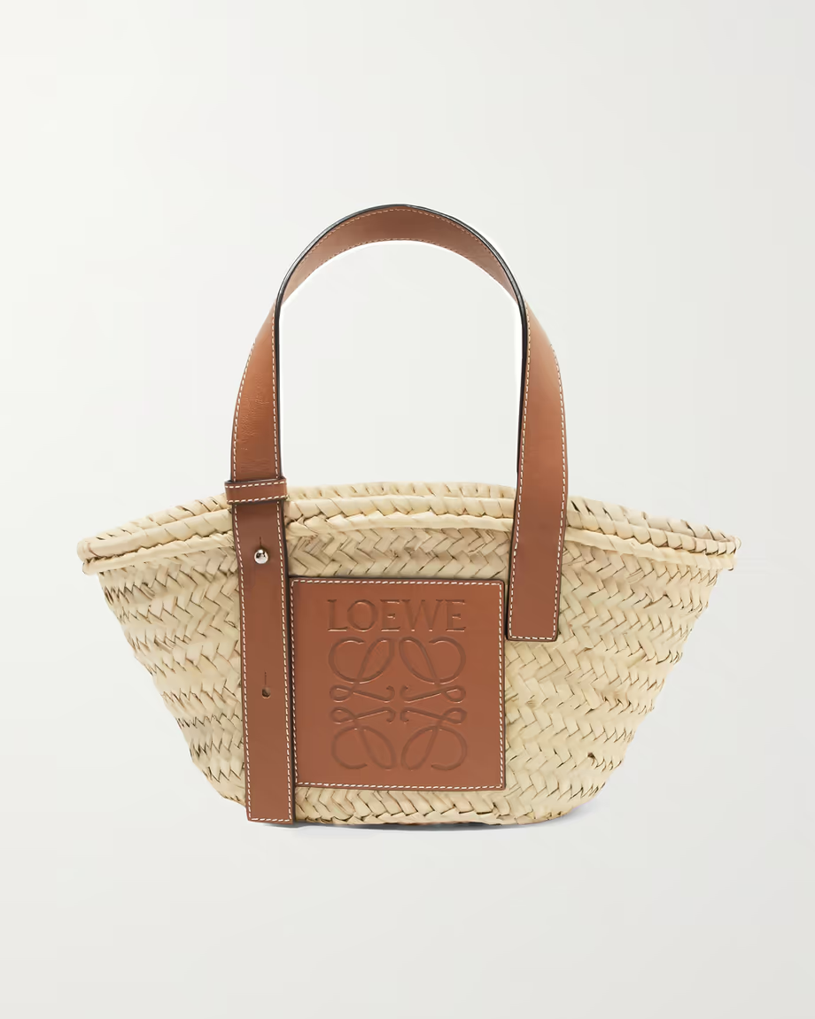 Mini Leather-Trimmed Woven Raffia Tote Bag