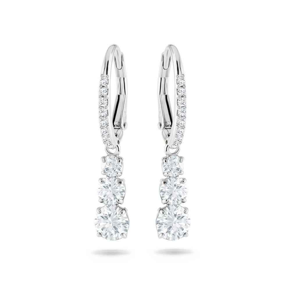 Swarovski Attract Trilogy Drop Pierced Earrings with White Crystals on a Rhodium Plated Setting with Hinged Closure, 1 1/8 inches