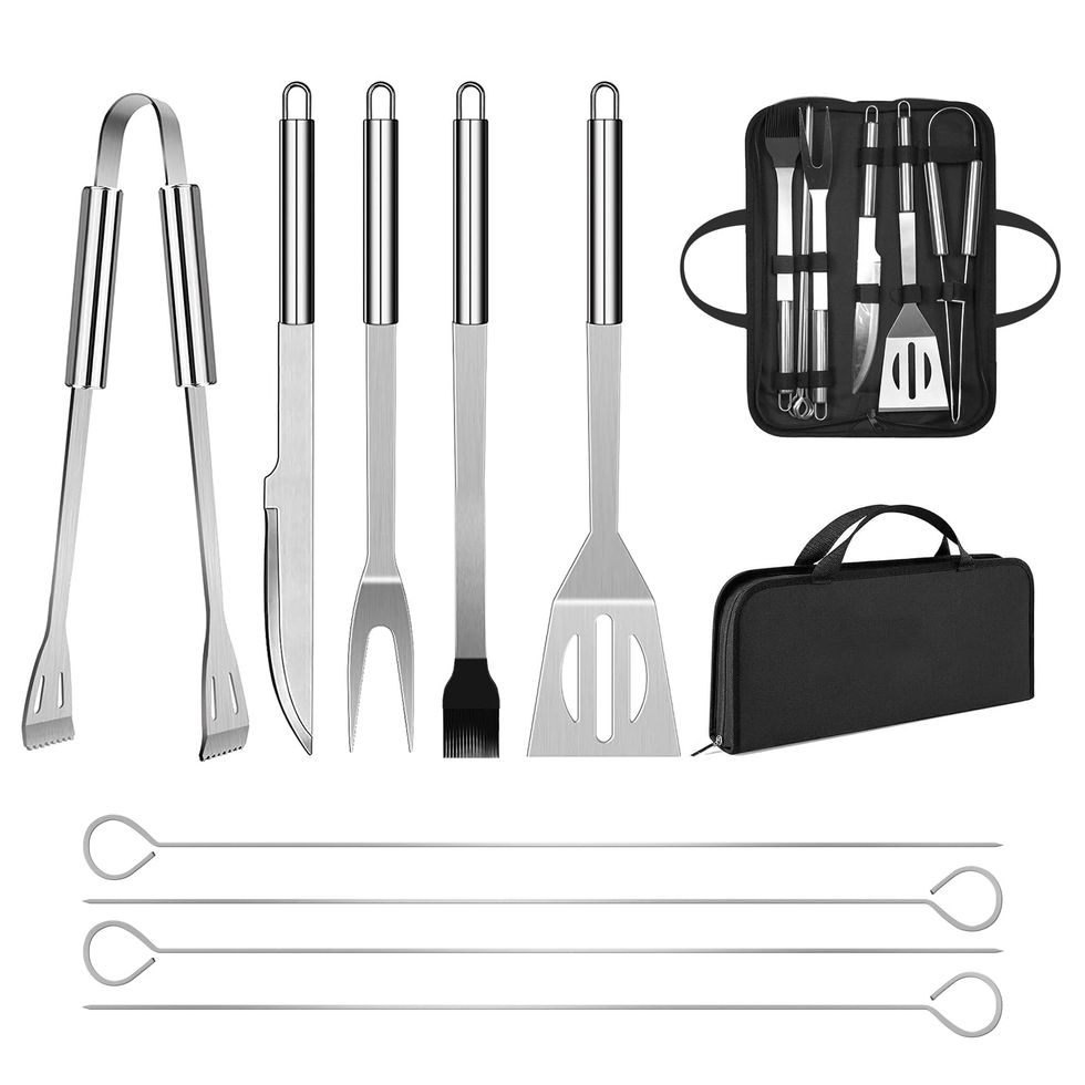 Grillaholics Premium BBQ Grill Tools - Luxury 4-Piece Barbecue Utensils Grill Set - Wooden Gift Box Includes Barbeque Tongs, Meat Fork, Grill