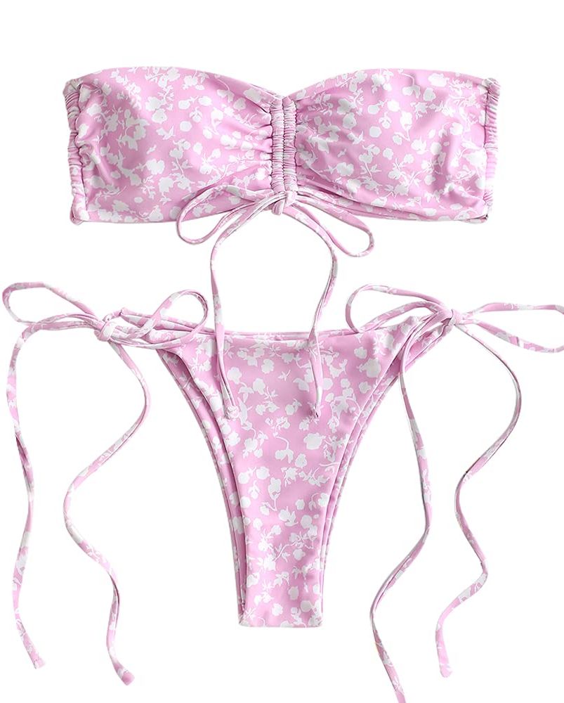 Floral Print Cinched Tie String Bandeau Bikini Set