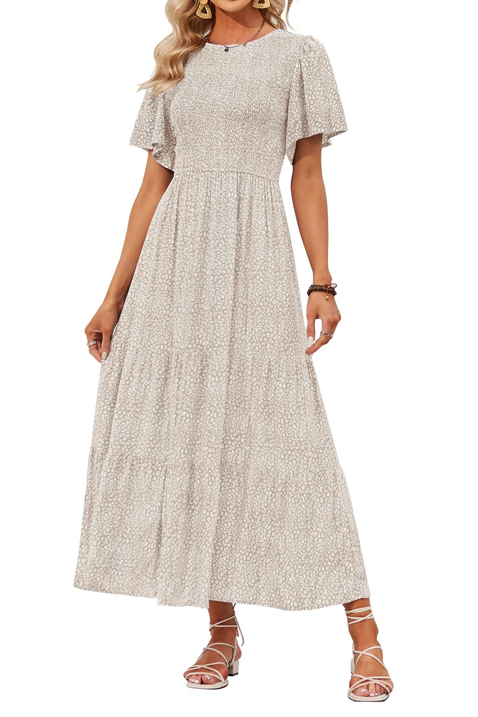 Women's 2023 Summer Casual Floral Print Maxi Dress,Beige Women's 2023 Summer Casual Floral Print Maxi Dress,Beige