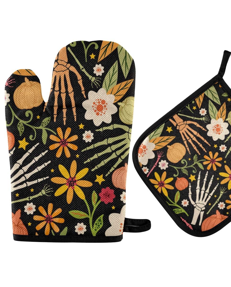 Halloween Skull Floral Oven Mitts and Pot Holders