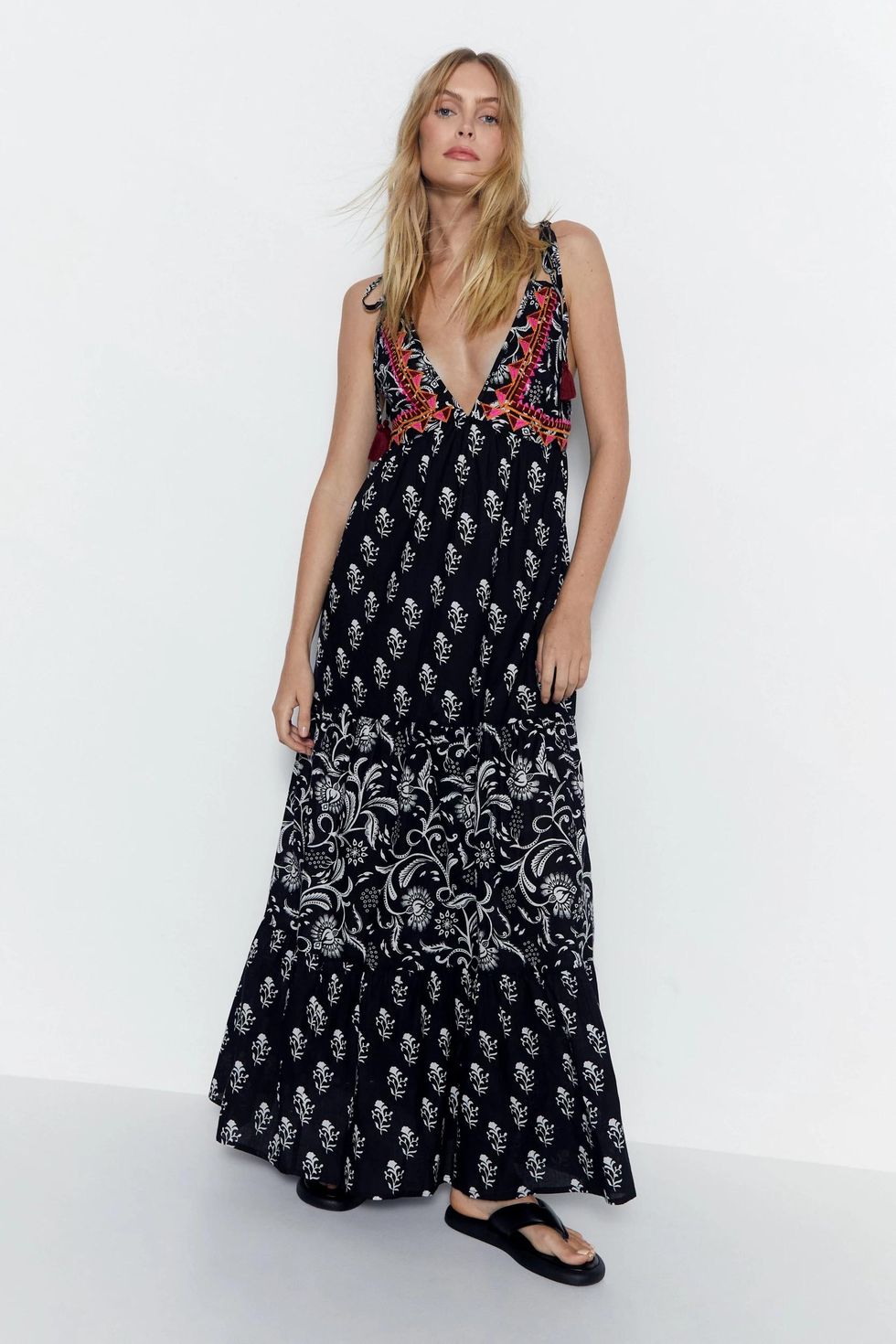 Paisley Mixed Print Embroidered Tassel Tie Maxi Dress