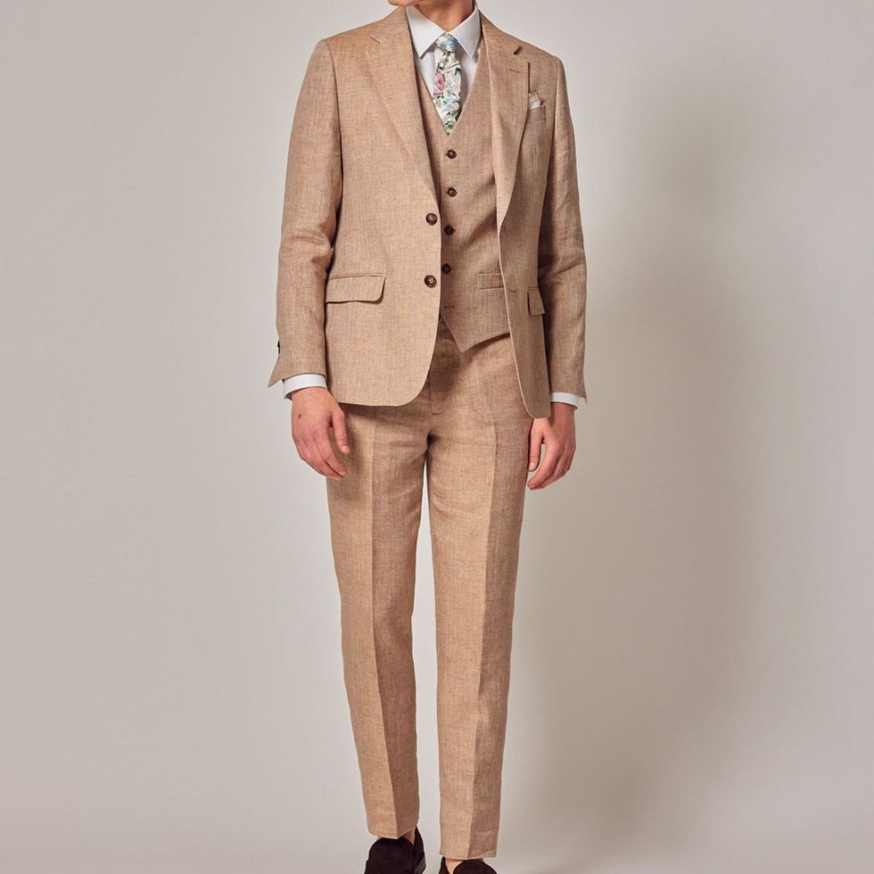 Beige Herringbone Linen 3 Piece Tailored Italian Suit