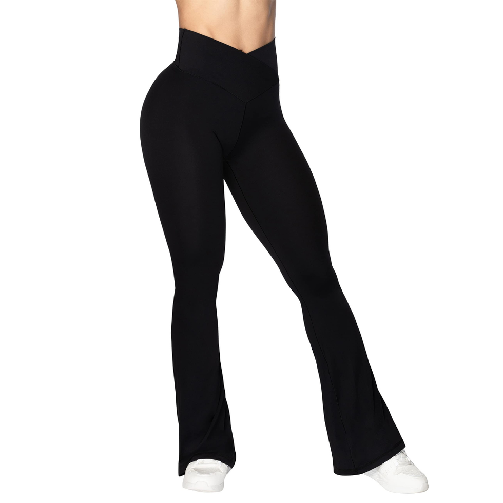 High Waisted Crossover Flare Leggings in Black – The White Pear