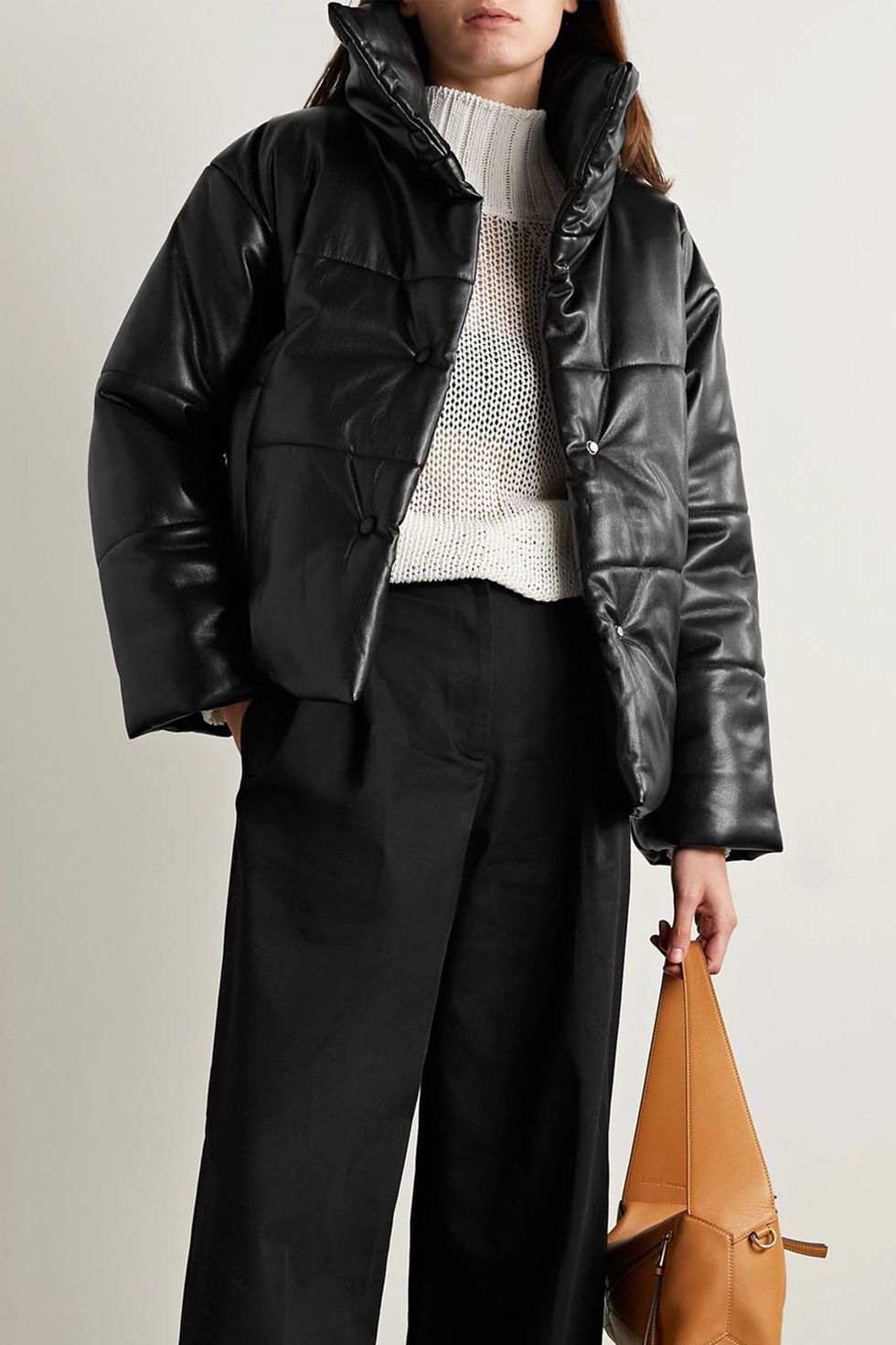 Cropped quilted padded down leather jacket